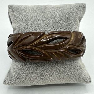 Bittersweet Chocolate Bakelite Bangle - Carved and Pierced Leaf Design #212